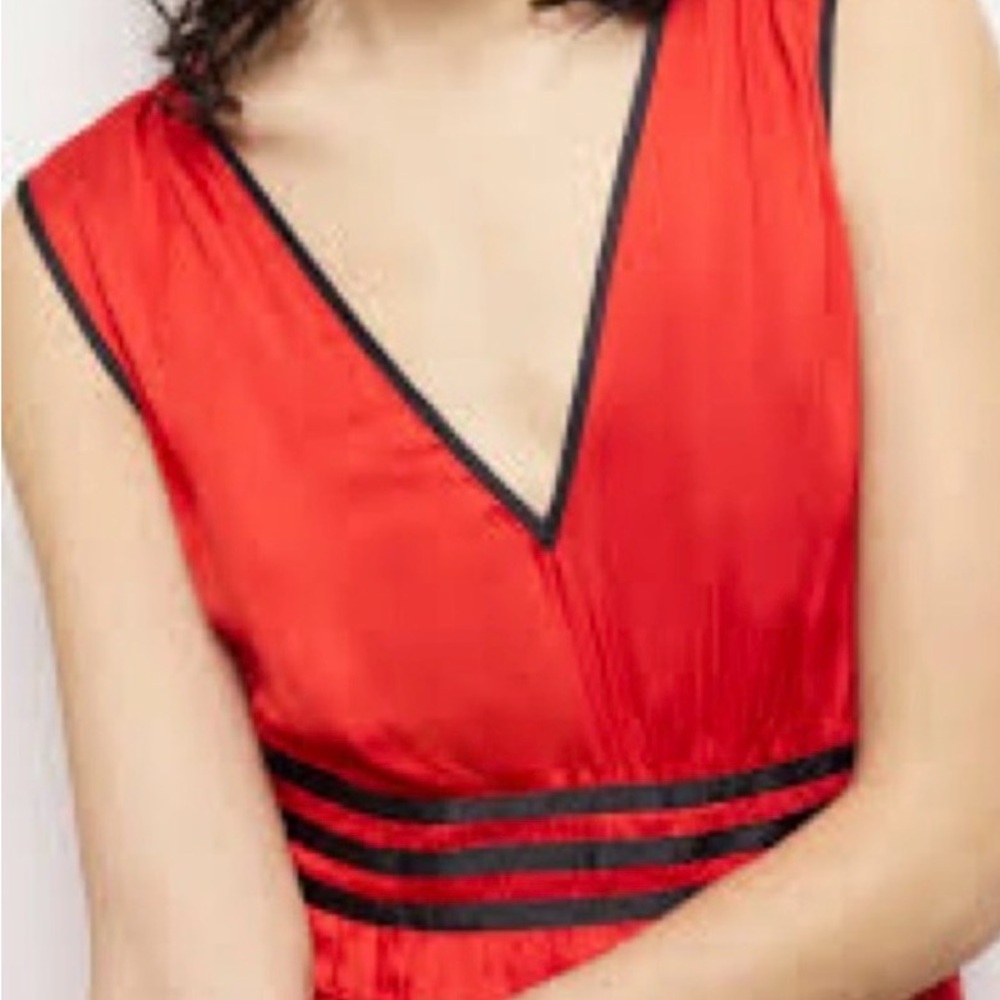 NWT The Kooples Red V-Neck Satin Dress with Black Waist Trim - Picture 9 of 10